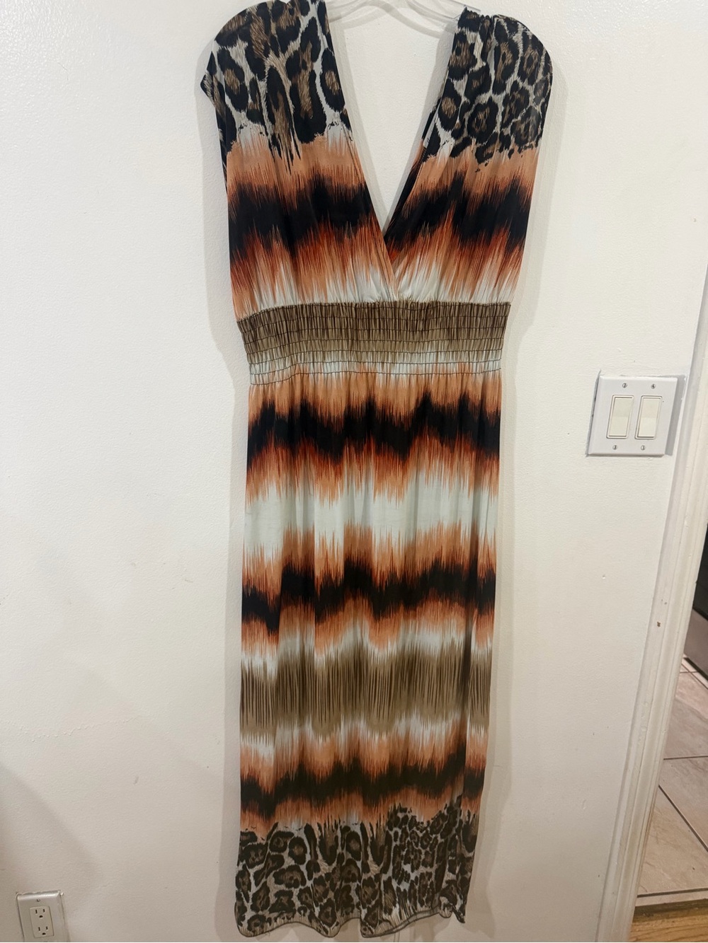 Sleeveless V-Neck Maxi Dress in Brown, Black and Cream Animal Print